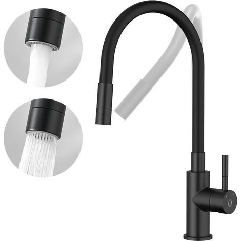 Grifo de Cocina Flexible con 2 Tipos de Chorro, Mezclador de Cocina Abatible, Grifo Flexible para Fregadero con Agua Caliente y Fría (Negro) (1/4)