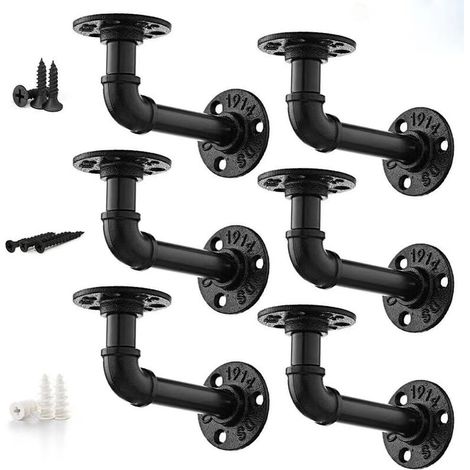 Staffe per mensole in tubo industriale, 4 pezzi, staffe per mensole industriali vintage con flange 17 12 8,5 cm per mensole sospese fai da te, mobili, mensole da parete galleggianti - Nero (1/4)