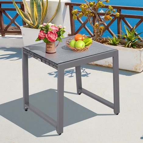 Tavolino da giardino Outsunny, tavolino laterale da giardino, mobile da giardino con piano in vetro temperato, polyrattan + alluminio, grigio, 50 x 49,5 x 50 cm (1/5)