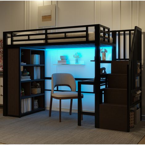 lit adulte rangement 90x200 métal noir bureau intégré OKMYHOME (1/5)