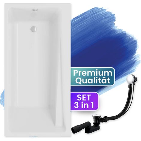 Badewanne Rechteck 150x70, Ablaufgarnitur & Füßen GRATIS - Komplettset 3in1 Original Acryl Wanne Premium Siphon - Made in EU - BADLAND ELZA (1/5)