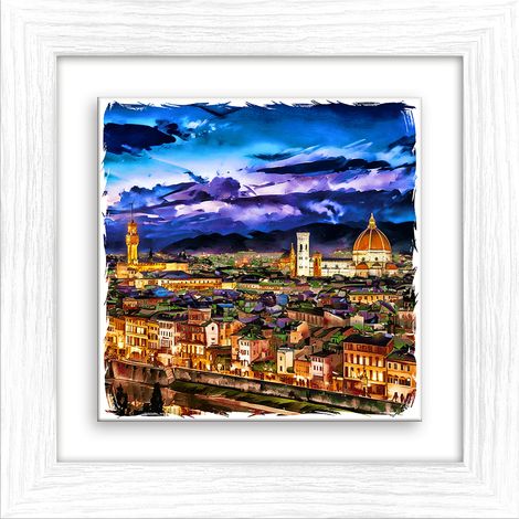 Lupia - Quadro moderno con paesaggi e localismi italiani, Ceramica e Stampa Rilievo, Cornice Legno Shabby Modern bianca, Decorazione Parete, Quadretti Soggiorno, 29x29 cm, FIRENZE PANORAMA TWILIGHT (1/4)