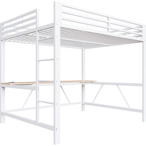 160x200 Metall-Hochbett mit Schreibtisch, LED-Beleuchtung und USB-Ladestation, Weiß (1/5)