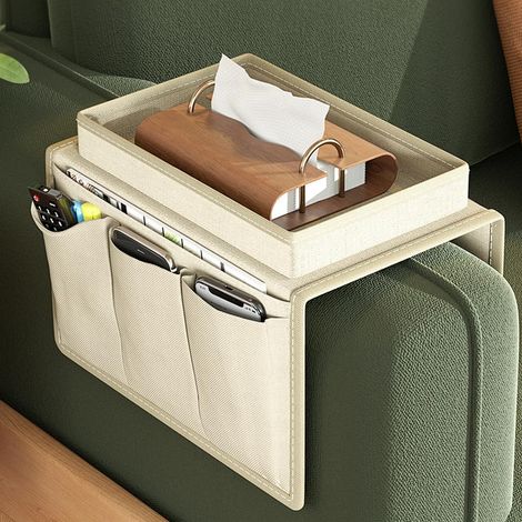 Plateau de rangement pour accoudoir de canapé avec support téléphone et rangement télécommande - Organisation salon pratique - Blanc (1/5)