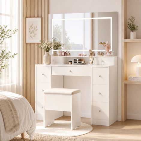 Coiffeuse moderne avec miroir LED, 9 tiroirs et rangement, tabouret inclus, bureau maquillage pour chambre, blanc élégant, étagères et compartiments pratiques