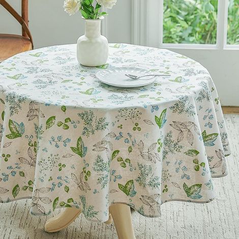 Nappe ronde lavable 140 cm coton lin avec motif feuilles