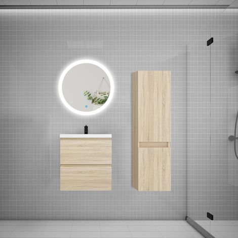 Ensemble meuble vasque L.50cm 2 tiroirs + lavabo + LED miroir rond 60cm + colonne C,chêne aica