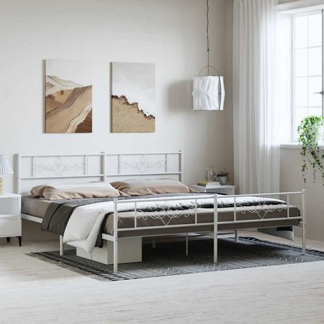 Cadre de lit métal sans matelas et pied de lit blanc 193x203 cm (1/5)