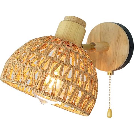 Applique Murale Rotin Vintage avec Interrupteur - Lampe Bohème E27 en Bois Réglable pour Chambre,Salon,Couloir - Luminaire d'Intérieur (1/5)
