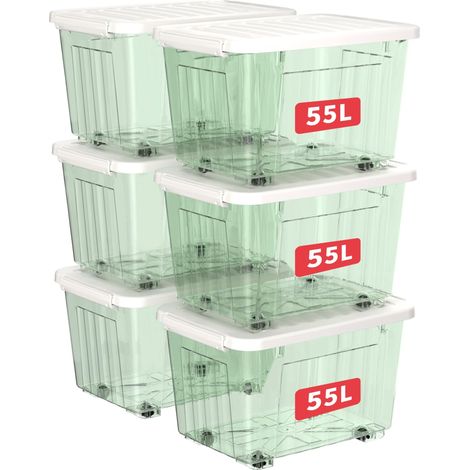 55L6 Boîtes de Rangement avec Couvercles, Boîte de Rangement en Plastique avec Clips et Roulettes, Empilables, Encastrables, pour Placard de Bureau à Domicile, Vert Transparent, 55L, Lot de 6 (1/5)