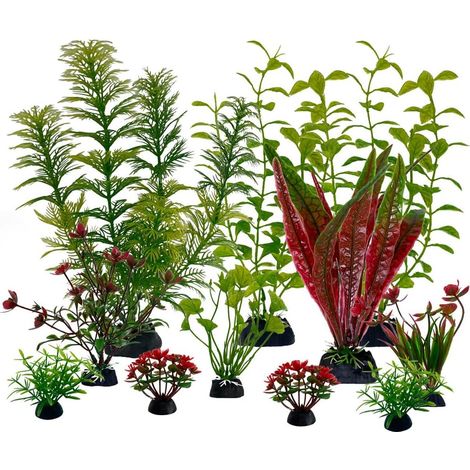 11 Pièces Plante Aquarium Artificielle, Décoration Aquarium, Plante de Décoration, Décoration pour d'Aquarium, Plante Artificielle, Cachettes pour Poissons, 5-20 cm (Vert, Rouge) (1/5)