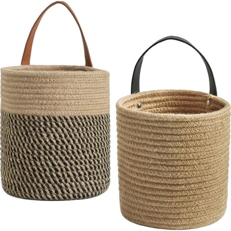 Panier mural 2pcs bleu 18x20cm en rotin tissé, rangement multifonction pour clés et cuisine, lot de 8 avec noir et chanvre (1/5)