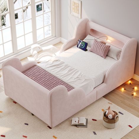 Lit enfant capitonné 90x200 cm - avec barrières de sécurité - Pieds en bois massif - Tissu bouclé - Rose(Matelas non inclus)
