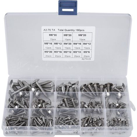 Lot de 180 Vis Autotaraudeuses Vis à Tête Plate en Acier Inoxydable Vis à Tête Cylindrique avec Boîte de Rangement M3 M4 M5 M6 (1/5)