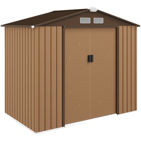 Cobertizo de jardín de acero marrón con marco de suelo y puertas correderas 213 x 130 x 185 cm (1/5)