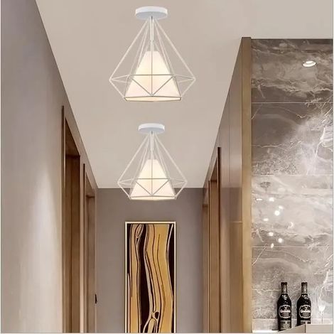 2x Plafonnier Retro en Métal Blanc Lampe Luminaire Industrielle en Diamant Cage pour Salon Chambre Couloir (1/4)