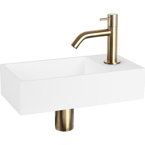 Differnz Solid kit lave-mains - 36x18.5x9cm - Rectangulaire - 1 trou de robinet - Robinet courbé doré mat - Solid Surface blanche (1/5)