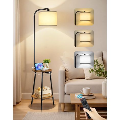 Lampadaire sur Pied avec Table d’Appoint, LED Dimmable avec Télécommande, 3 Températures de Couleur, Table avec Charge USB et Étagère pour Salon Chambre (Marron Rustique Rond) (1/5)