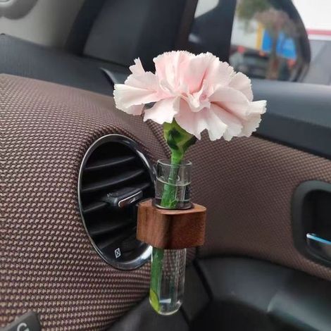 Clip de fixation pour vase de voiture, tube à essai pour plantes avec support en bois de noyer, accessoires d'intérieur de voiture pour femmes (1/4)