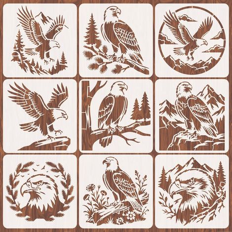 Lot de 9 pochoirs de peinture en forme d'aigle - Réutilisables - Grand format - Motif aigle volant - Pochoirs en PET pour bois, ciment, meubles, chambre à coucher, décoration d'intérieur (1/5)