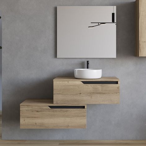 Meuble de salle de bain 120cm avec vasque à poser ronde - 2 tiroirs - madera miel (chêne clair) - CADIX (1/5)