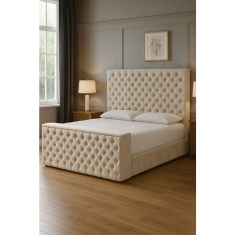 Lit coffre TV Vittorio en velours capitonné – Coffre volumineux avec vérins hydrauliques – Mécanisme TV motorisé avec télécommande – Taille 140x190 cm – Couleur beige