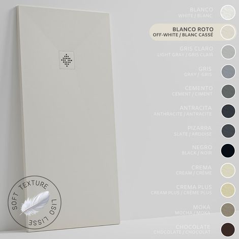 Receveur de Douche -Résine -Gel Coat -Texture Lisse Soie -Antidérapant -Couleur Blanc Cassé - 130x80- Extra plat 3cm. GRILLE MÊME COULEUR (1/5)
