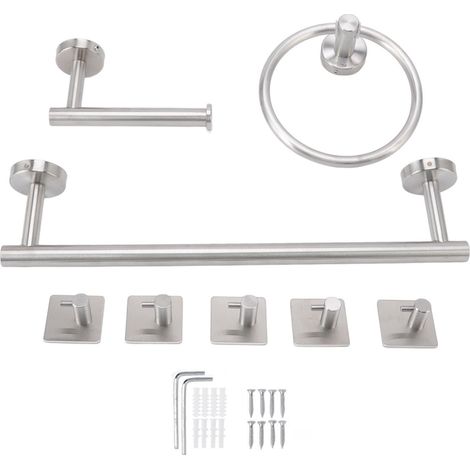 Ensemble d'accessoires de salle de bain en acier inoxydable 304 : porte-serviettes, anneaux, porte-papier toilette, 5 crochets (1/5)