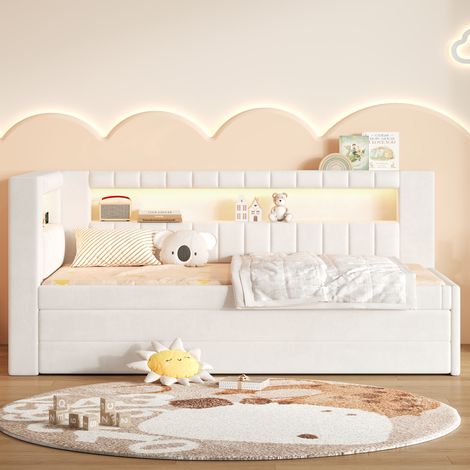 Cama infantil 90x200 cm con LED, USB, cama nido y 3 cajones, estructura de madera y tela - blanco (1/5)