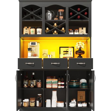 Buffet de cuisine haut noir 120x40x180 cm, meuble de rangement avec éclairage LED, 3 portes et 3 tiroirs (1/5)