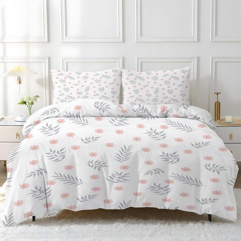 Ensemble de literie 140x200 cm Blanc Rose Fleuri Microfibre avec 2 taies d'oreiller 80x80 cm