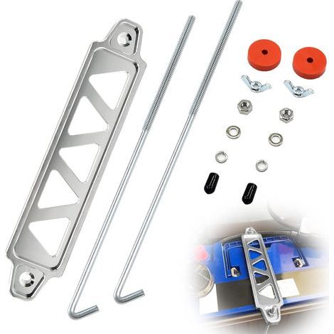Applicable Battery Hold Down Bracket, Aluminum Alloy Battery Tie Down Bracket, Battery Tray for Car Battery Mount Bracket Hold Lock Accessories, Car Battery Lock Down - with 10 inches J bolts (Silver) (1/5)