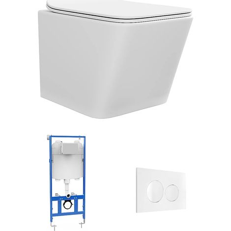 Pack WC suspendu blanc mat avec bâti-support et plaque de déclenchement blanche - CLEMONA (1/5)