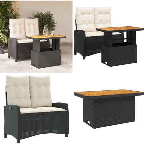 Set comedor de jardín 2 pzas con cojines ratán sintético negro - Banco de jardín - Mesa de jardín