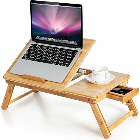 Table porte-ordinateur en bambou naturel avec pieds réglables et plateau inclinable 4 positions pour lit, canapé et bureau (1/5)