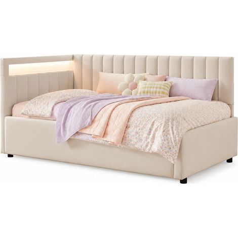 Canapé-lit 90x200 en velours beige avec LED, coffre de rangement hydraulique, têtes de lit latérales réversibles et sommier à lattes pour chambre – CHICFURN (1/5)