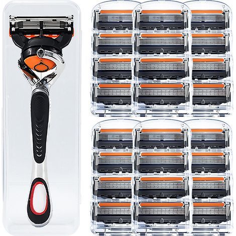 Rasoir manuel à 5 lames — Rasoir pour hommes de style classique avec tête pivotante(1 manche de rasoir + 24 cartouches de lames orange et noires + étui) (1/3)
