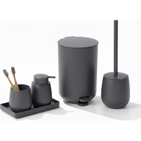 Set Accessori Bagno 6 Pezzi in ABS Completo Pattumiera con Pedale, Scopino WC, Dispenser Sapone, Porta Spazzolini, Bicchiere e Vassoio Antiscivolo Design Moderno e Resistente Grigio