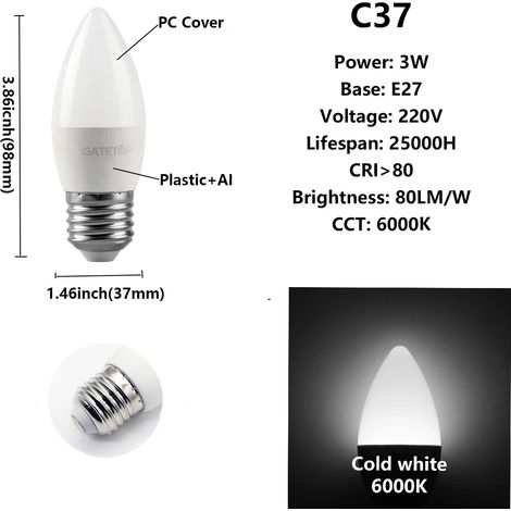 (C37 3W E27 6000K, 220V) 8 ampoules LED, pour l'éclairage et la décoration de la maison. (1/3)