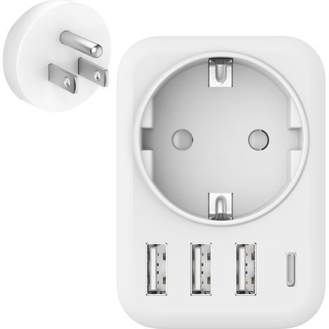 Adaptador de enchufe 5 en 1 para EE. UU. con 3 puertos USB-A, 1 puerto USB-C y 1 toma de corriente. Adaptador de enchufe de Francia a EE. UU., Canadá, México y Tailandia. Tipo B.