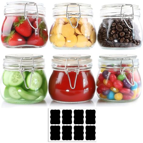 Lot de 6 Bocaux en Verre Hermétiques - Pot en Verre avec Couvercle à Clip, 500ml, en Verre Transparent, avec Étiquettes en Papier, Utilisable comme Bocaux pour Conserves, Fermentation et Rangement (1/5)