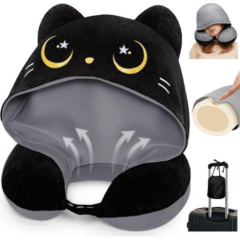 Reisekissen mit Kapuze, wendbar, für Kinder und Erwachsene, Katzen-Design, Memory-Schaum (1/5)