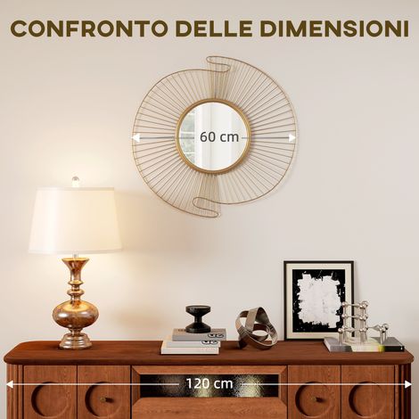 Miroir mural rond 60x60 cm, doré, à bandes métalliques ondulées, décoration contemporaine. (1/5)
