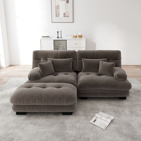 Canapé d'angle style nuages pour salon, canapé 2 places en chenille avec repose-pieds et 4 coussins, sans montage - Marron