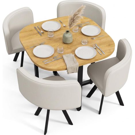 FurnitureR 5-Piece Dining Set for 4, 85 cm Square Oak Effect MDF Table with Beige Linen Chairs and Black Metal Frames for Small Spaces (1/5)