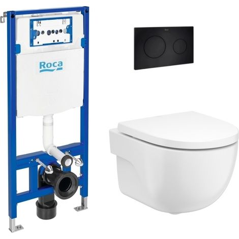 BASTIDOR ROCA DUPLO CISTERNA EMPOTRADA, PULSADOR PL10 NEGRO MATE, INODORO SUSPENDIDO ROCA MERIDIAN BL 48CM