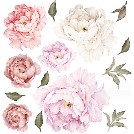Autocollants muraux à motif de pivoines aquarelles, autocollants muraux floraux, fleurs blanches et roses