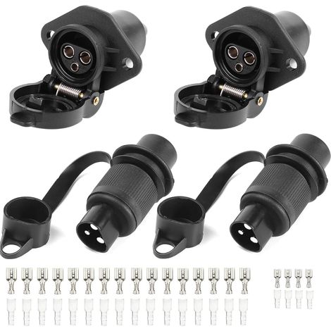 2 pièces Fiche Remorque 3broches 12v 24v et 2 pièces Prise Remorque 3broches,Fiche Attelage 3 pin Mâle pour Agricole Véhicule,Voiture Porte-vélo,Prise 3 Broches Remorque Male/Femelle (1/5)