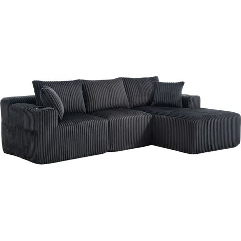 Divano modulare chaise longue 2 posti, velluto a coste grigio, 5 cuscini, HOMVRA (1/5)