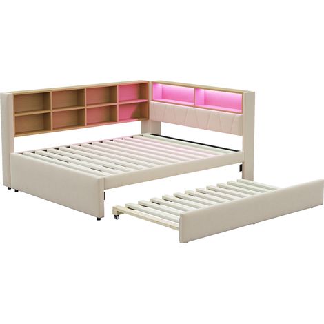 GagaCanapé-lit 140 x 200 cm avec lit gigogne 90 x 190 cm, LED, beige (1/5)